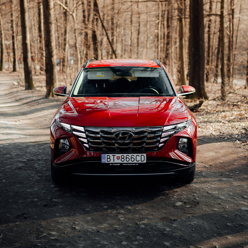 Bennett Pre-Owned of Lebanon is a Car Dealership in Lebanon near Palmyra, PA | Red Pre-Owned Hyundai Tucson Parked on Road in Woods